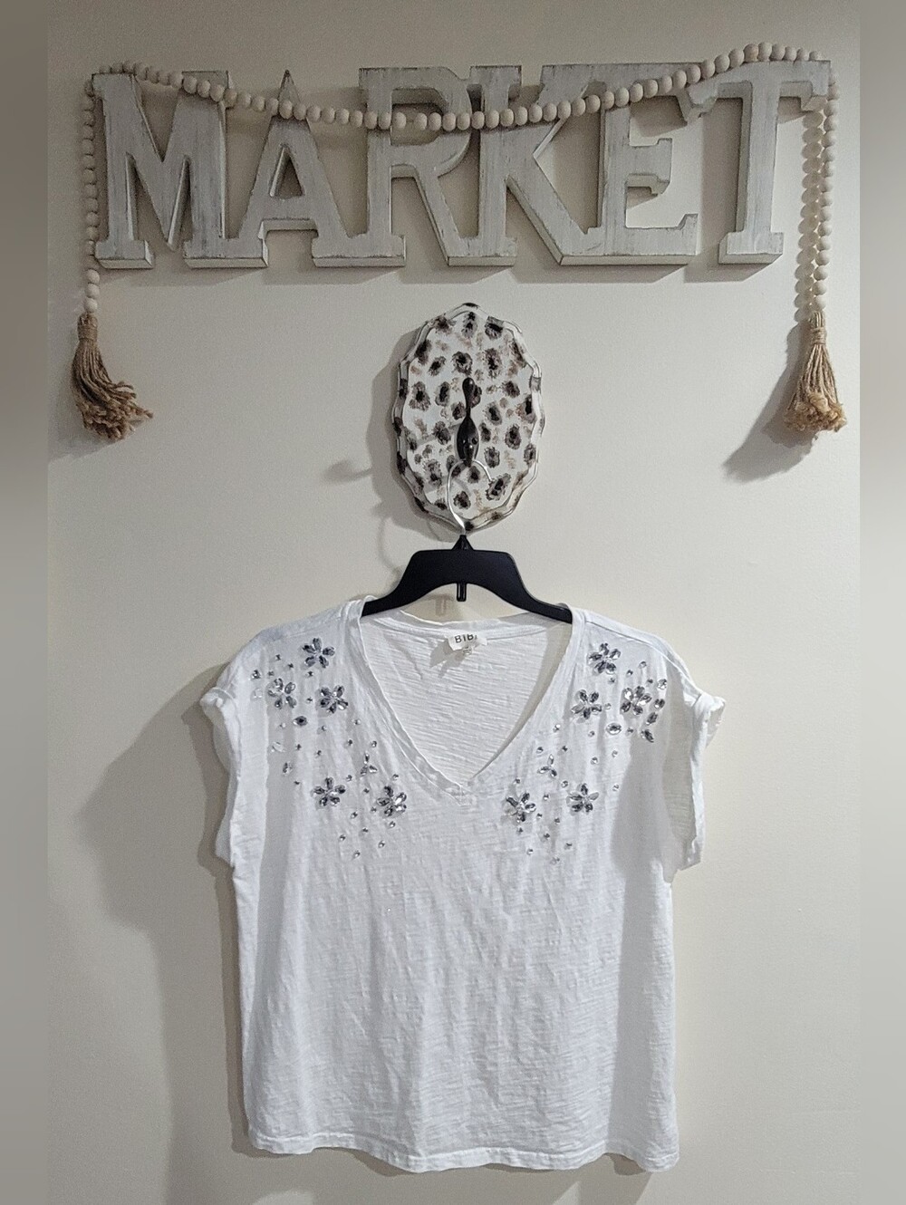 BiBi White V-Neck Short Sleeve Tee with Silver Floral Accents